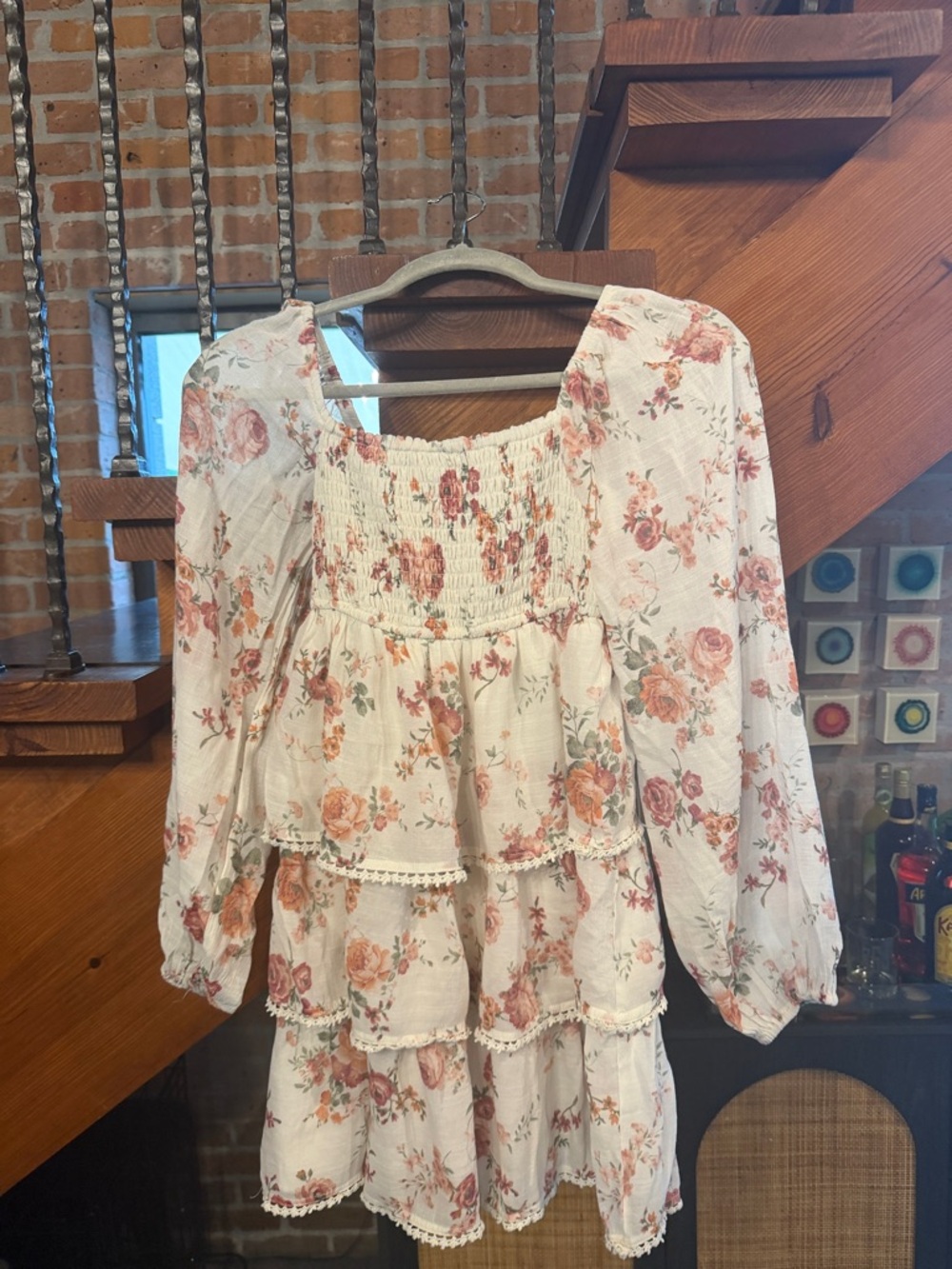 Floral Smocked Tiered Peasant Dress by  - Cream with Pink Roses